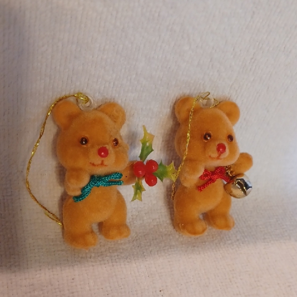 Vintage Flocked Bear Ornaments with Red and Blue Accents